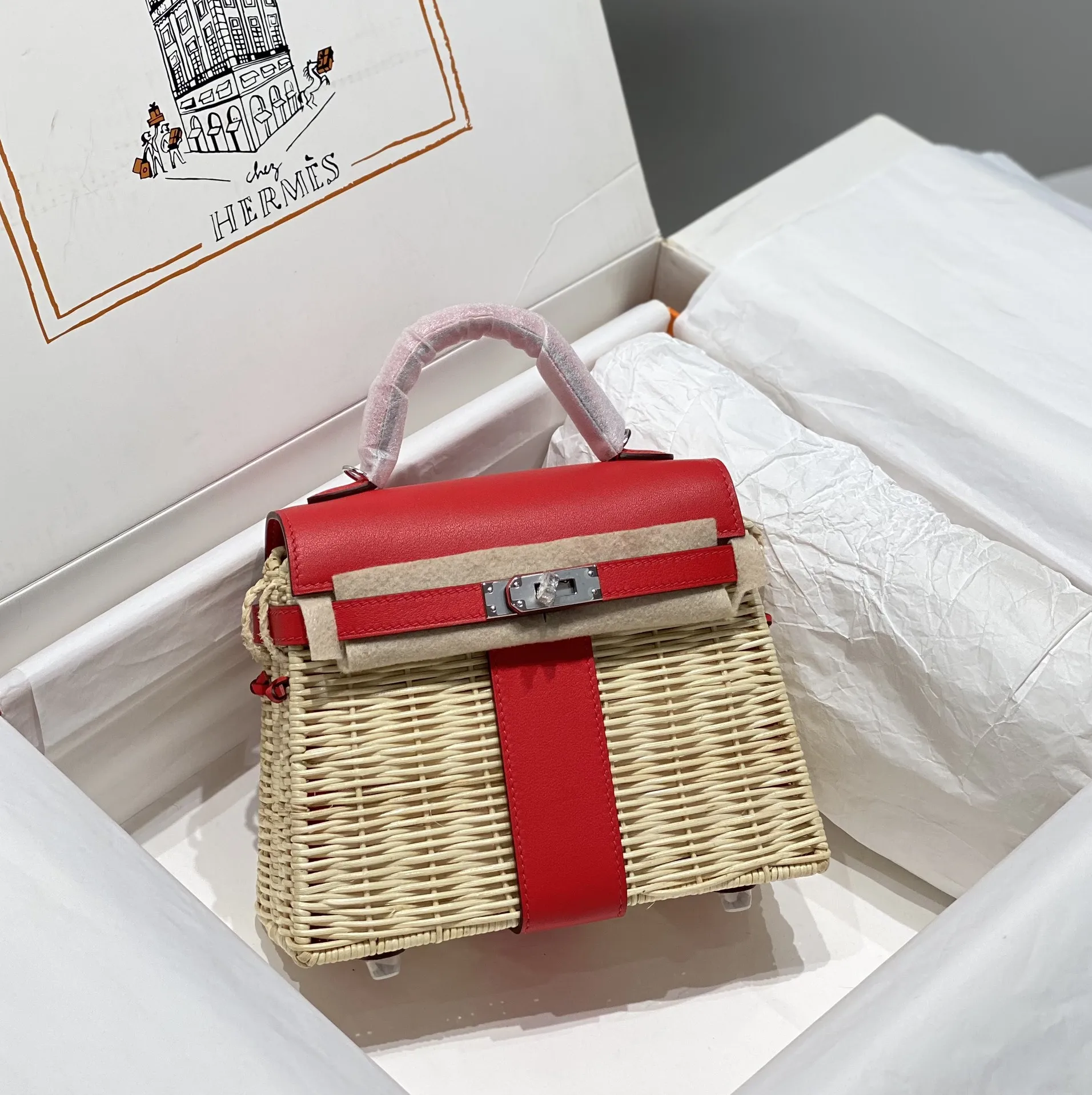 Kelly picnic 野餐包 20cm 原厂进口Swift皮拼编织柳条银扣限量版 专柜同步 蜜蜡线缝制 纯钢五金