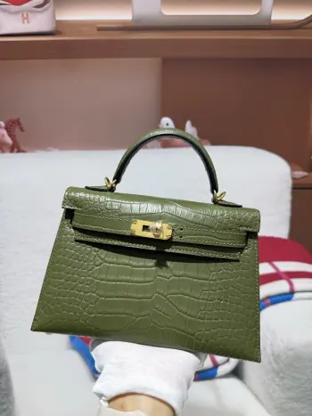 Kelly二代19 cm进口美洲雾面鳄鱼皮  橄榄绿  金扣 手工缝制 对版专柜美洲鳄鱼