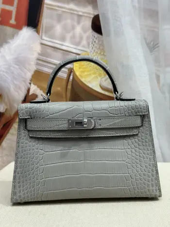 Kelly二代19cm进口美洲雾面鳄鱼皮 珍珠灰色 全套手打钉五金  手缝蜜蜡线制做  实拍对版专柜美洲鳄鱼