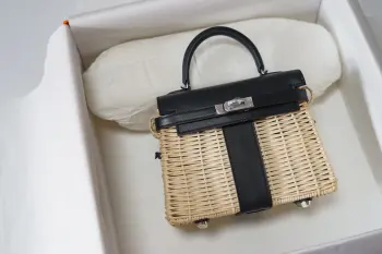 Kelly picnic 野餐包 20cm 原厂进口Swift皮拼编织柳条 大象灰 银扣限量版 专柜同步 蜜蜡线缝制 纯钢五金