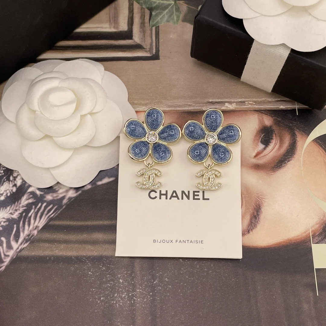 Chanel Imitation Chanel denim floral drop C earrings - Detail view 7