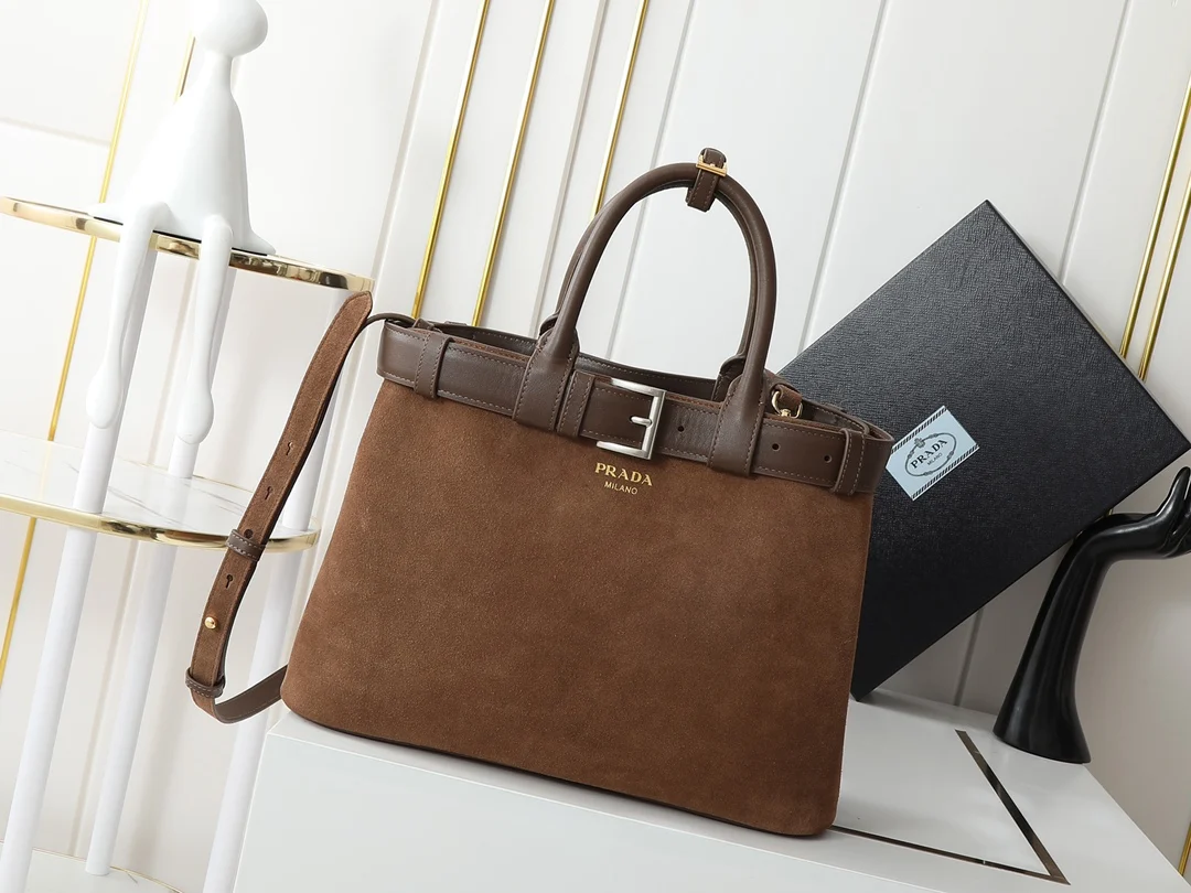 Prada 1BA416 Medium Suede Leather Tote Bag Crossbody Bag - Detail view 1