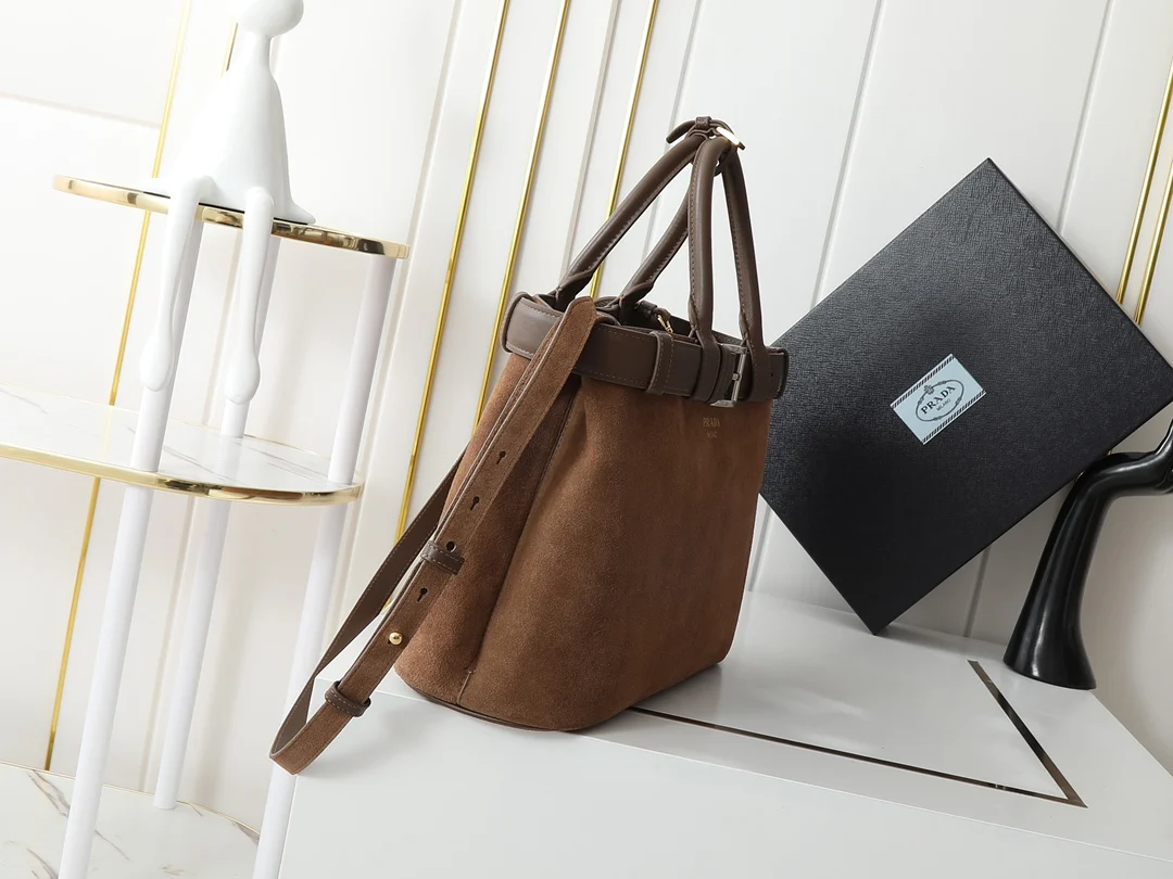 Prada 1BA416 Medium Suede Leather Tote Bag Crossbody Bag - Detail view 2