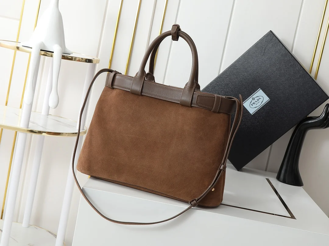 Prada 1BA416 Medium Suede Leather Tote Bag Crossbody Bag - Detail view 3