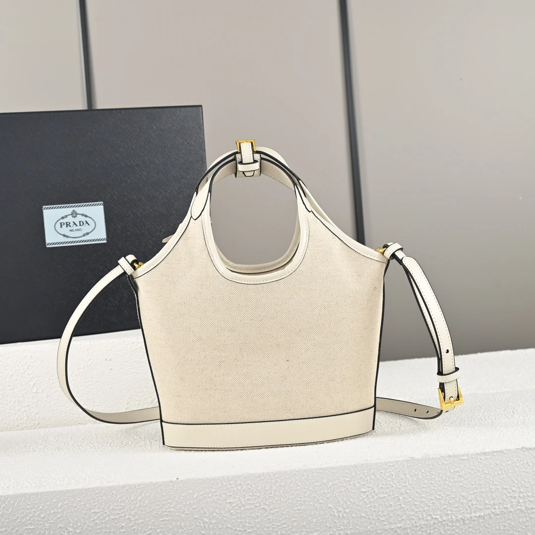 Prada 1BE074 Summer Linen Blend with Leather Tote Bag Handheld Crossbody Bag - Detail view 2