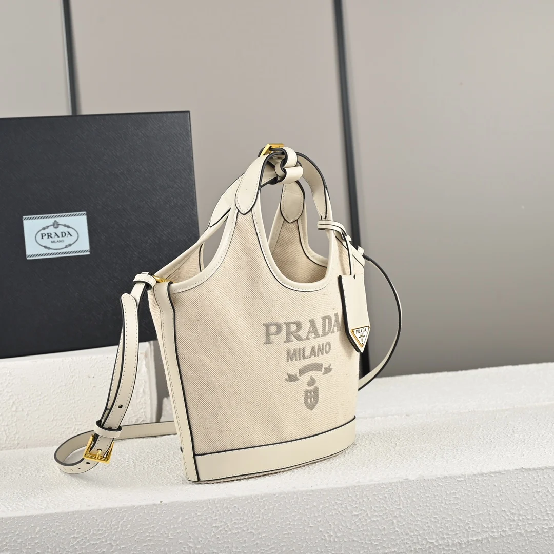 Prada 1BE074 Summer Linen Blend with Leather Tote Bag Handheld Crossbody Bag - Detail view 3