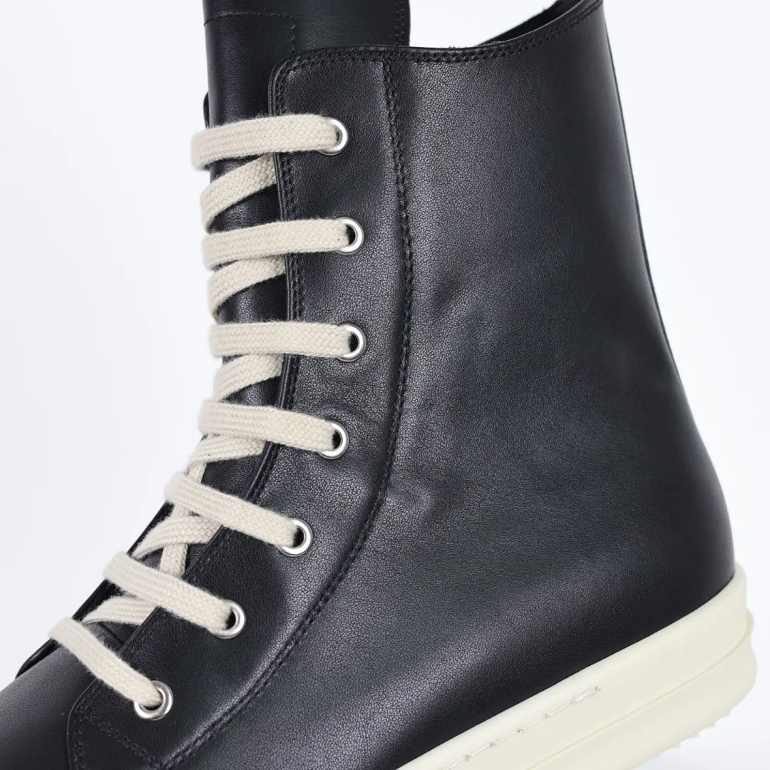 Rick Owens RO watermelon head high-top black leather thin-strap casual shoes - Detail view 6