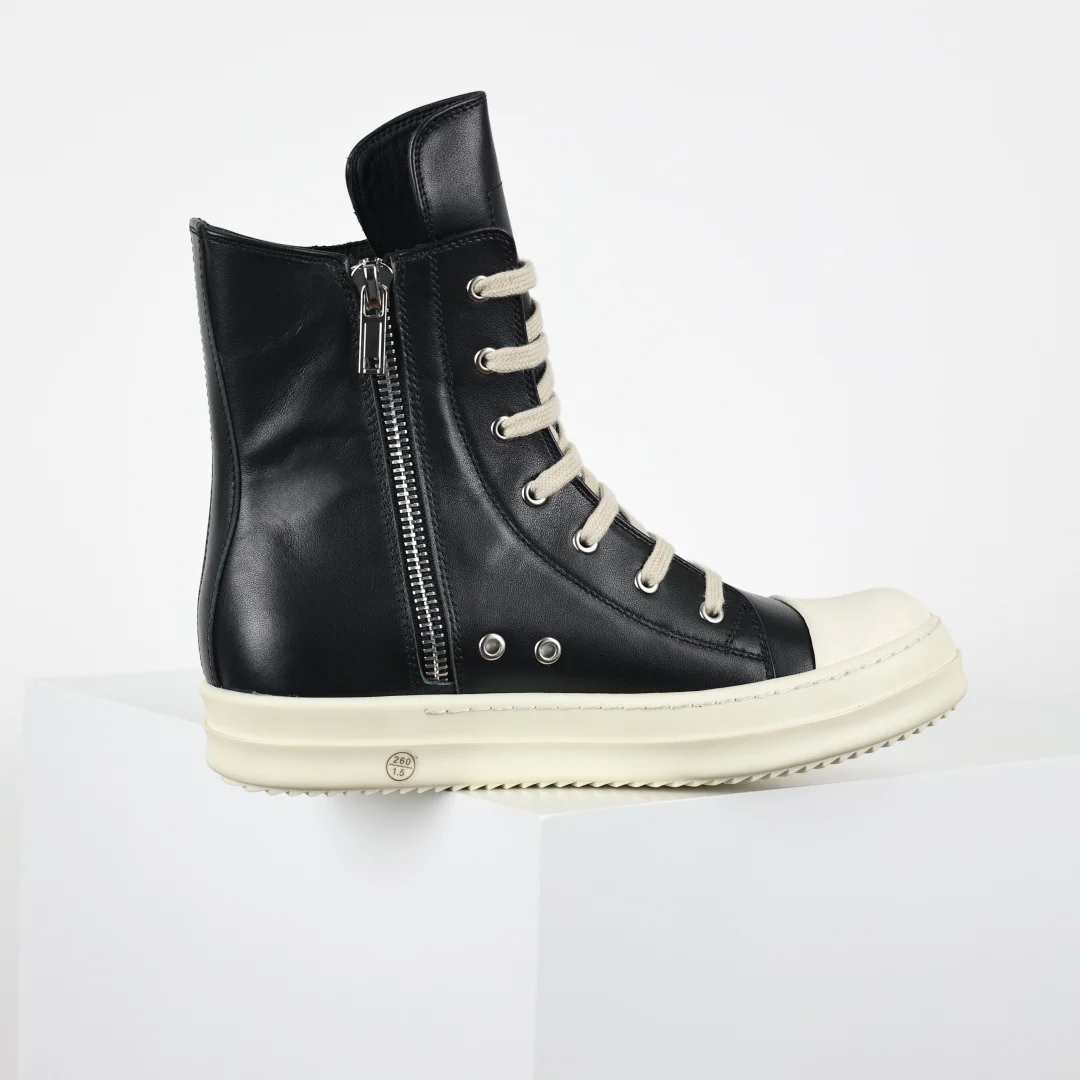 Rick Owens RO watermelon head high-top black leather thin-strap casual shoes - Detail view 7