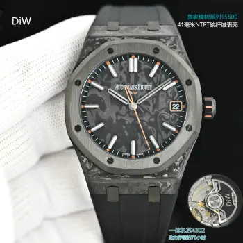 <p>太阳出品Royal Oak 15500  DiW 4302 一体机芯</p><p>AQUA 蒂芙尼蓝NTPT 碳纤 AP 爱彼皇家橡树15500 Royal Oak   DiW   HP1 </p><p> VOIDLINE AP 系列腕表 令本来轻量的手表变成超轻量 </p><p>DiW Carbon Audemars Piguet Royal Oak 15500</p><p> VOIDLINE AP  Series</p><p>腕 表 参 数</p><p>系 列 Voidline AP</p><p>型 号 皇家橡树系列15500</p><p>机 芯 4302</p><p>功 能 时.分.中央秒针和日期</p><p>重 量 85克  </p><p>表 壳 41毫米 碳纤维表壳</p><p>表 圈 黑色 DLC涂层</p><p>表 背 黑色DLC涂层</p><p>表 盘 碳纤维</p><p>表 带 橡胶表带</p><p>表 扣 黑色DLC涂层</p><p>密 封 性   5 ATM</p><p>动力储存 约70小时   太阳出品精致推荐男士机械腕表 </p><p>立即抢购 </p>