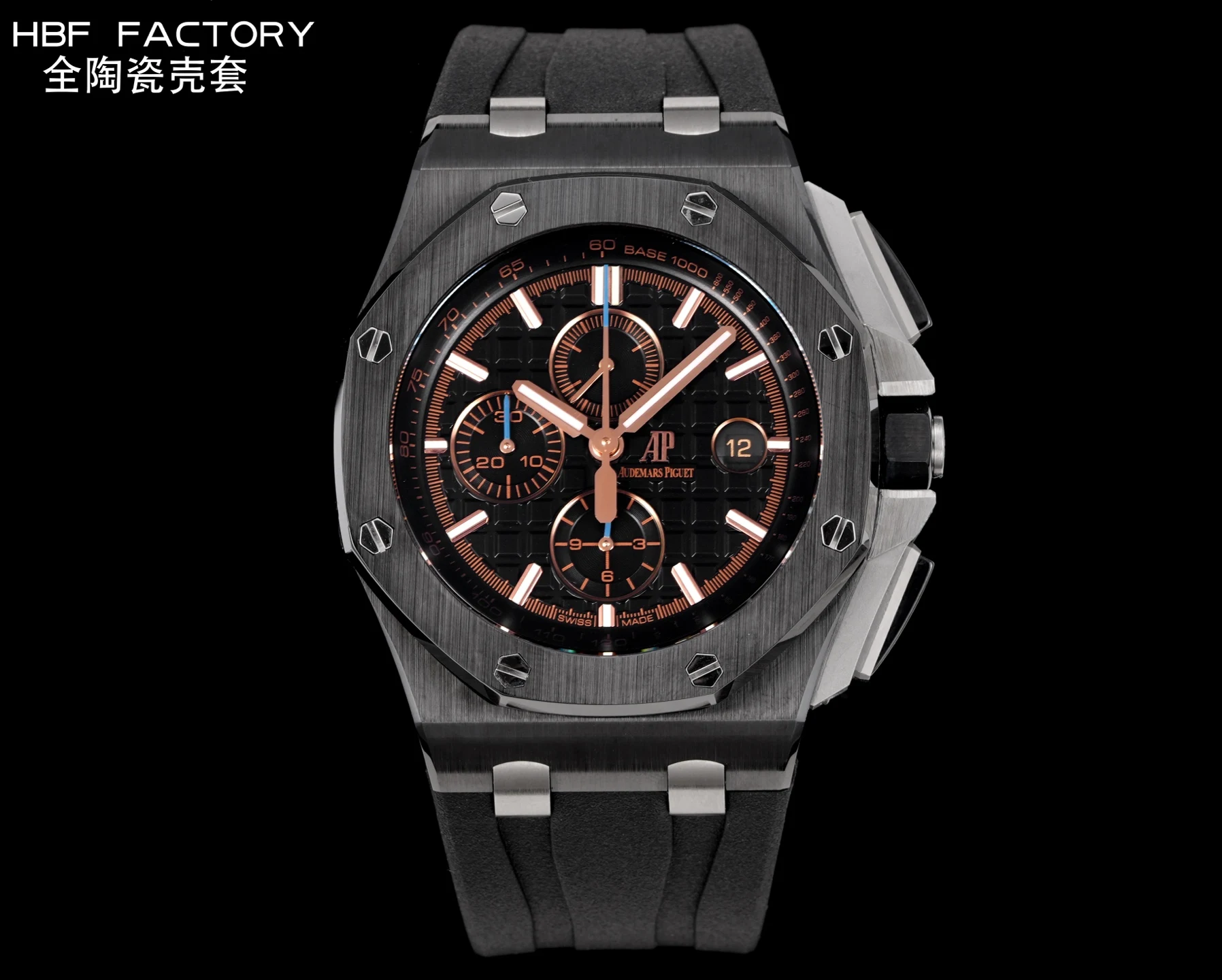 <p>太阳出品HBF  FACTORY Audemars  Piguet-爱彼  全陶瓷壳 AP 爱彼  A42 皇家橡树离岸型26402 系列44MM 腕表 秒杀市面上所有版本 封顶之作 杜绝一眼假 在原有的基础上 潜心研发 突破壁垒  打破原装封锁技术 同步原装独家计时码表 使上手最大程度贴合手腕 大大提高了佩戴的舒适 同时也杜绝一眼假的尴尬处境  1. 表壳与圈口的选料 使用进口的氧化锆 无需任何颜料 以超高的压力与超高的温度锻造 形成超高密度的彩色陶瓷  2.采用最新CNC级别的打磨技术 将整个表壳的个个角度完美处理 3.每颗六角螺丝都与表框处于同一平面上 不接受一丝一毫的凸显与凹陷 真正诠释了何为顶级复刻艺术 4.表盘以爱彼经典的大格纹为背景 层次分明的方格排列 经过完美打磨 将匠人的工艺体现的淋漓尽致 5.镜面采用双面蓝宝石镜片 表带采用氟橡胶胶带  6.机芯采用7750 改 3126的计时机芯 12 位的小秒 六点位和九点位的12小时计时与30分钟计时 完美的还原了原版的所有功能 每块手表都经过人工QC确保机芯的稳定性 真正做到无可挑剔欢迎各位 表友鉴赏   太阳出品精致