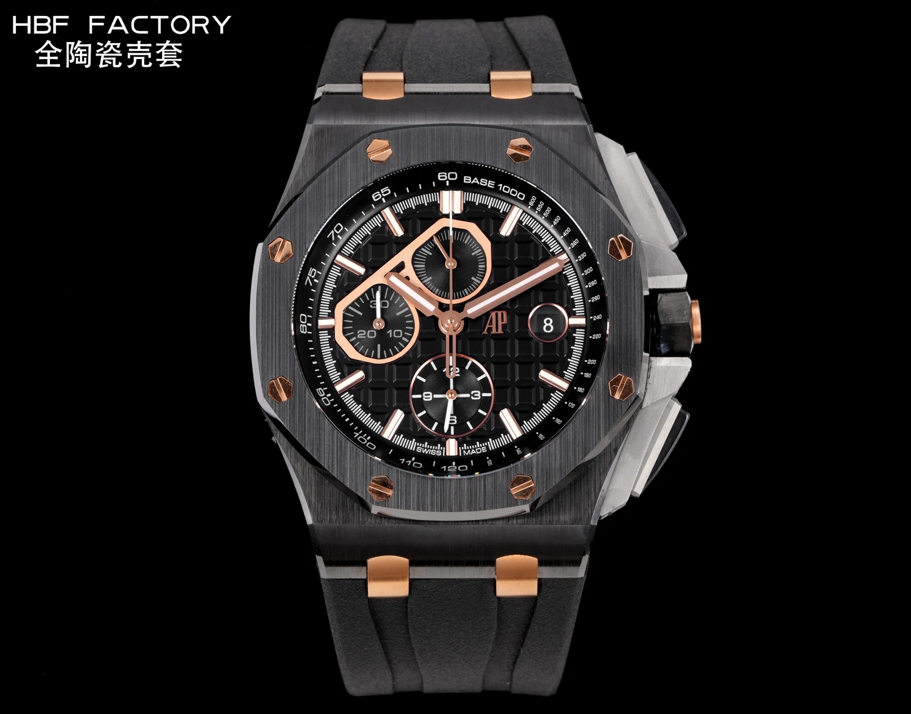 <p>太阳出品HBF  FACTORY Audemars  Piguet-爱彼  全陶瓷壳 AP 爱彼  A42 皇家橡树离岸型26402 系列44MM 腕表 秒杀市面上所有版本 封顶之作 杜绝一眼假 在原有的基础上 潜心研发 突破壁垒  打破原装封锁技术 同步原装独家计时码表 使上手最大程度贴合手腕 大大提高了佩戴的舒适 同时也杜绝一眼假的尴尬处境  1. 表壳与圈口的选料 使用进口的氧化锆 无需任何颜料 以超高的压力与超高的温度锻造 形成超高密度的彩色陶瓷  2.采用最新CNC级别的打磨技术 将整个表壳的个个角度完美处理 3.每颗六角螺丝都与表框处于同一平面上 不接受一丝一毫的凸显与凹陷 真正诠释了何为顶级复刻艺术 4.表盘以爱彼经典的大格纹为背景 层次分明的方格排列 经过完美打磨 将匠人的工艺体现的淋漓尽致 5.镜面采用双面蓝宝石镜片 表带采用氟橡胶胶带  6.机芯采用7750 改 3126的计时机芯 12 位的小秒 六点位和九点位的12小时计时与30分钟计时 完美的还原了原版的所有功能 每块手表都经过人工QC确保机芯的稳定性 真正做到无可挑剔欢迎各位 表友鉴赏   太阳出品精致