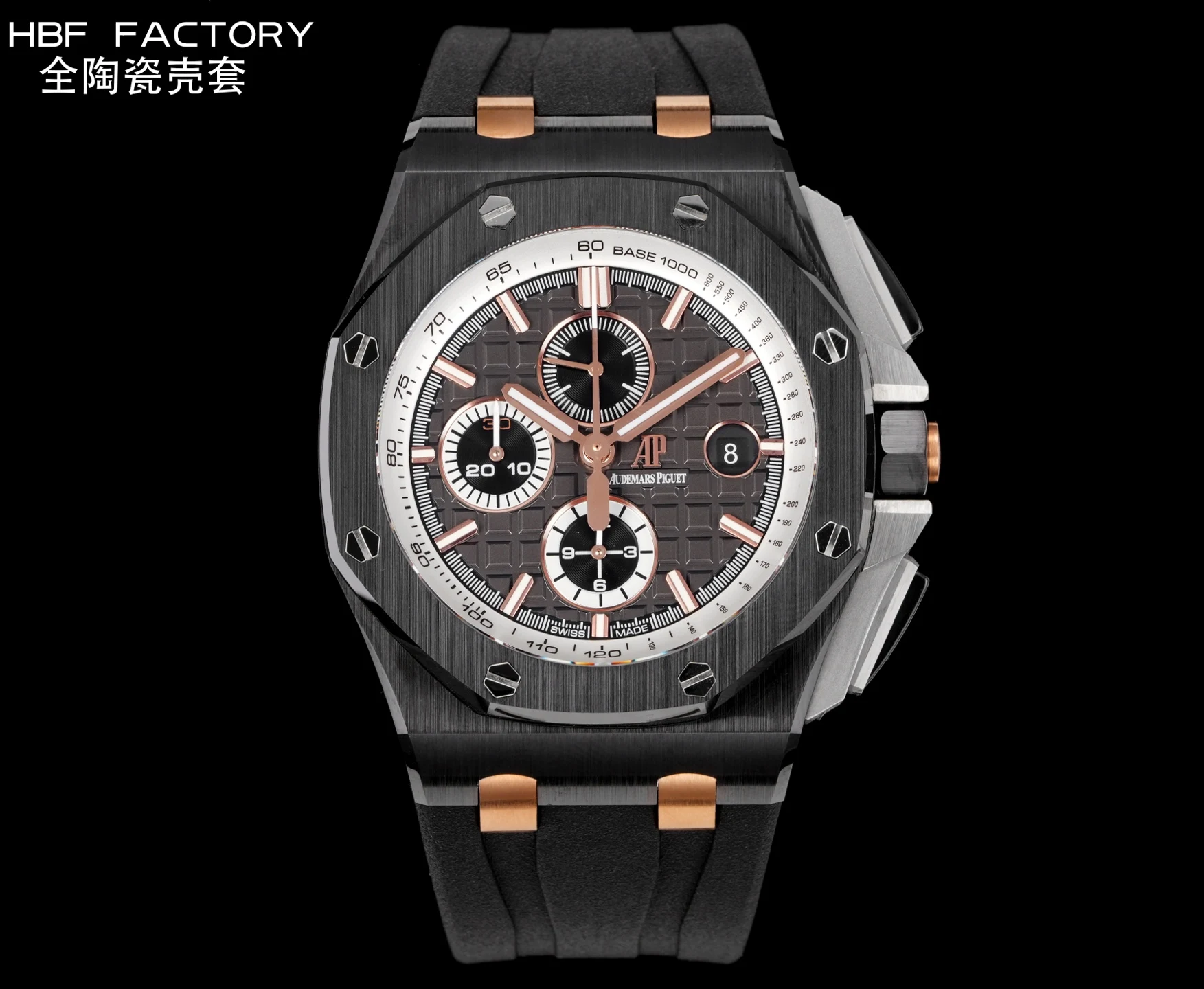 <p>太阳出品HBF  FACTORY Audemars  Piguet-爱彼  全陶瓷壳 AP 爱彼  A42 皇家橡树离岸型26402 系列44MM 腕表 秒杀市面上所有版本 封顶之作 杜绝一眼假 在原有的基础上 潜心研发 突破壁垒  打破原装封锁技术 同步原装独家计时码表 使上手最大程度贴合手腕 大大提高了佩戴的舒适 同时也杜绝一眼假的尴尬处境  1. 表壳与圈口的选料 使用进口的氧化锆 无需任何颜料 以超高的压力与超高的温度锻造 形成超高密度的彩色陶瓷  2.采用最新CNC级别的打磨技术 将整个表壳的个个角度完美处理 3.每颗六角螺丝都与表框处于同一平面上 不接受一丝一毫的凸显与凹陷 真正诠释了何为顶级复刻艺术 4.表盘以爱彼经典的大格纹为背景 层次分明的方格排列 经过完美打磨 将匠人的工艺体现的淋漓尽致 5.镜面采用双面蓝宝石镜片 表带采用氟橡胶胶带  6.机芯采用7750 改 3126的计时机芯 12 位的小秒 六点位和九点位的12小时计时与30分钟计时 完美的还原了原版的所有功能 每块手表都经过人工QC确保机芯的稳定性 真正做到无可挑剔欢迎各位 表友鉴赏   太阳出品精致