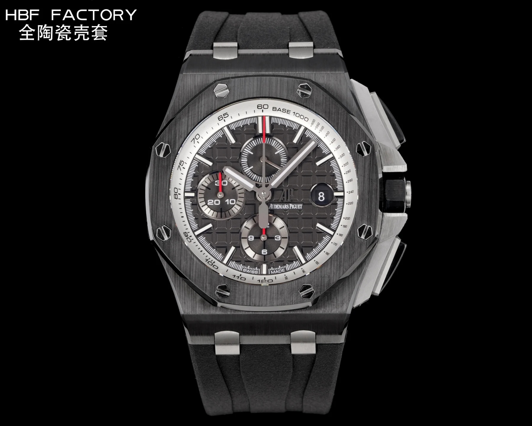 <p>太阳出品HBF FACTORY Audemars Piguet-爱彼 全陶瓷壳 AP 爱彼 A42 皇家橡树离岸型26402 系列44MM 腕表 秒杀市面上所有版本 封顶之作 杜绝一眼假 在原有的基础上 潜心研发 突破壁垒 打破原装封锁技术 同步原装独家计时码表 使上手最大程度贴合手腕 大大提高了佩戴的舒适 同时也杜绝一眼假的尴尬处境 1. 表壳与圈口的选料 使用进口的氧化锆 无需任何颜料 以超高的压力与超高的温度锻造 形成超高密度的彩色陶瓷 2.采用最新CNC级别的打磨技术 将整个表壳的个个角度完美处理 3.每颗六角螺丝都与表框处于同一平面上 不接受一丝一毫的凸显与凹陷 真正诠释了何为顶级复刻艺术 4.表盘以爱彼经典的大格纹为背景 层次分明的方格排列 经过完美打磨 将匠人的工艺体现的淋漓尽致 5.镜面采用双面蓝宝石镜片 表带采用氟橡胶胶带 6.机芯采用7750 改 3126的计时机芯 12 位的小秒 六点位和九点位的12小时计时与30分钟计时 完美的还原了原版的所有功能 每块手表都经过人工QC确保机芯的稳定性 真正做到无可挑剔欢迎各位 表友鉴赏 太阳出品精致