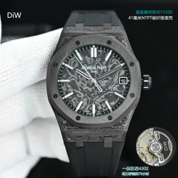 <p>太阳出品Royal Oak 15500  DiW 4302 一体机芯</p><p>AQUA 蒂芙尼蓝NTPT 碳纤 AP 爱彼皇家橡树15500 Royal Oak   DiW   HP1 </p><p> VOIDLINE AP 系列腕表 令本来轻量的手表变成超轻量 </p><p>DiW Carbon Audemars Piguet Royal Oak 15500</p><p> VOIDLINE AP  Series</p><p>腕 表 参 数</p><p>系 列 Voidline AP</p><p>型 号 皇家橡树系列15500</p><p>机 芯 4302</p><p>功 能 时.分.中央秒针和日期</p><p>重 量 85克  </p><p>表 壳 41毫米 碳纤维表壳</p><p>表 圈 黑色 DLC涂层</p><p>表 背 黑色DLC涂层</p><p>表 盘 碳纤维</p><p>表 带 橡胶表带</p><p>表 扣 黑色DLC涂层</p><p>密 封 性   5 ATM</p><p>动力储存 约70小时   太阳出品精致推荐男士机械腕表 </p><p>立即抢购 </p>