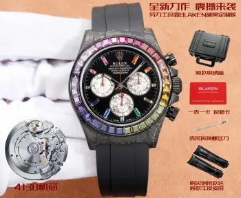 <p>彩虹钻 4代迪通拿</p><p>BLAKEN Top Custom   Rainbow Diamond   Platinum Eye</p><p>Rolex Daytona 4th Gen  </p><p>40mm 全碳纤维高端款</p>
