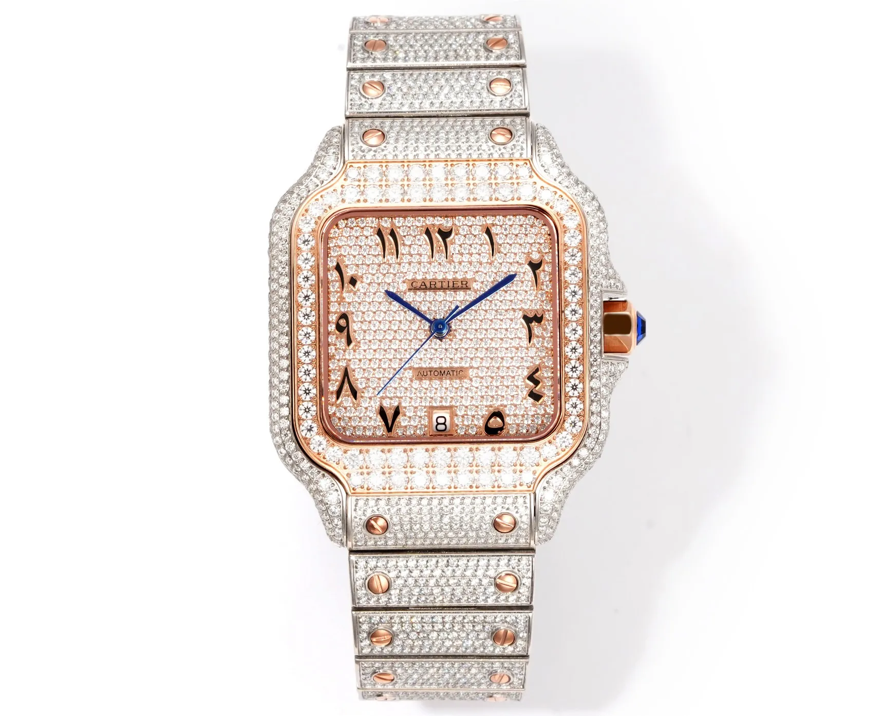 <p>太阳出品 皮带 光盘<p>F4 真莫桑钻 卡地亚 CARTIER  DF4 山度士系列 满天星系列 </p><p>奢华至极 极少量到货 满天星卡地亚山度士满天星莫桑钻版本整表纯手工镶嵌 D 色 VVS 级莫桑钻  Moissanite diamond  全部石头都可以通过专业测试笔测试莫桑钻( Moissanite diamond  折射率2.65-2.69 钻石2.42)</p>