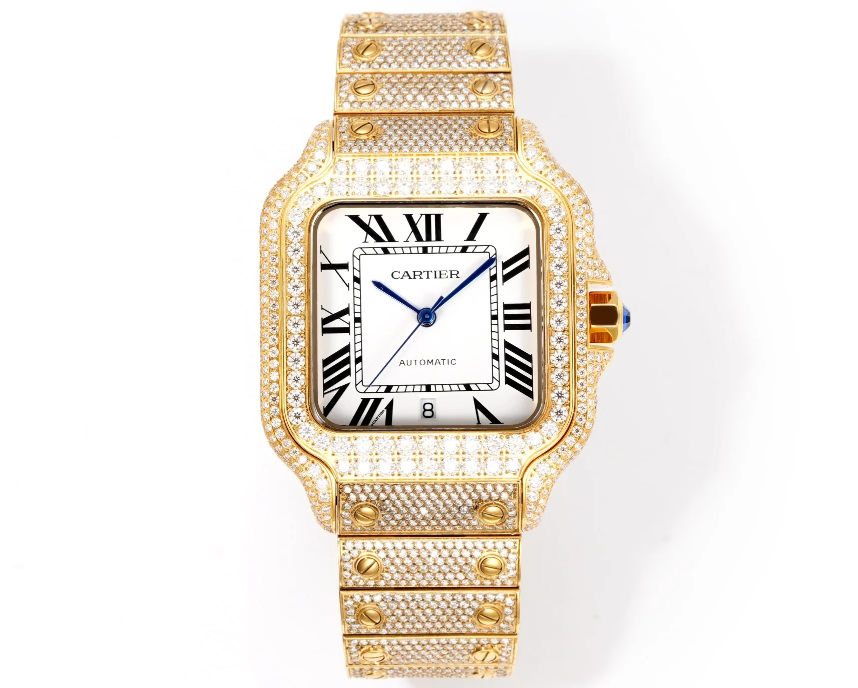 <p>太阳出品 皮带 光盘<p>F4 真莫桑钻 卡地亚 CARTIER  DF4 山度士系列 满天星系列 </p><p>奢华至极 极少量到货 满天星卡地亚山度士满天星莫桑钻版本整表纯手工镶嵌 D 色 VVS 级莫桑钻  Moissanite diamond  全部石头都可以通过专业测试笔测试莫桑钻( Moissanite diamond  折射率2.65-2.69 钻石2.42)</p>