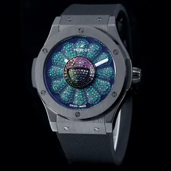 太阳出品 彩色 光壳  HUBLOT 宇舶表  恒宝 JR4 太阳花 向日葵经典融合系列村上隆腕表 507.CX.9000.RX.TAK21 限量典藏200枚表壳 缎面及抛光黑色直径: 45毫米 厚度13.45毫米防水深度50米表背 黑色漆面表盘 旋转装饰 12片镀黑花瓣 镶嵌456颗黑色钻石机芯 MHUB1214 UNICO 复杂功能自动上链机芯 太阳出品精致推荐机械腕表