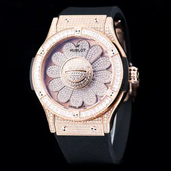 太阳出品 彩色 光壳  HUBLOT 宇舶表  恒宝 JR4 太阳花 向日葵经典融合系列村上隆腕表 507.CX.9000.RX.TAK21 限量典藏200枚表壳 缎面及抛光黑色直径: 45毫米 厚度13.45毫米防水深度50米表背 黑色漆面表盘 旋转装饰 12片镀黑花瓣 镶嵌456颗黑色钻石机芯 MHUB1214 UNICO 复杂功能自动上链机芯 太阳出品精致推荐机械腕表