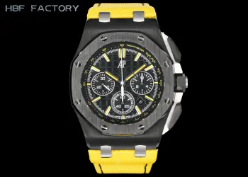 HBF.    爱彼Audemars Piguet 皇家橡树离岸型限量多功能计时机械腕表 尺寸44MM17MM  圈口 圈口是与原装一致采用进口陶瓷圈口 把头 表冠采用六边形陶瓷材质 顶端采用拉丝打磨技术 机芯 表芯在透底后盖的衬托下更为霸气侧漏 灰黑色的全自动陀很有层次感 再加上表芯表面的镶嵌宝石 7750改3126全自动计时机械机芯  表镜 表镜选用进口蓝宝石玻璃镜面 表壳 采用进口316精钢鑫表壳  表带 搭配进口氟橡胶表带 原装针扣 硬汉必备神器  