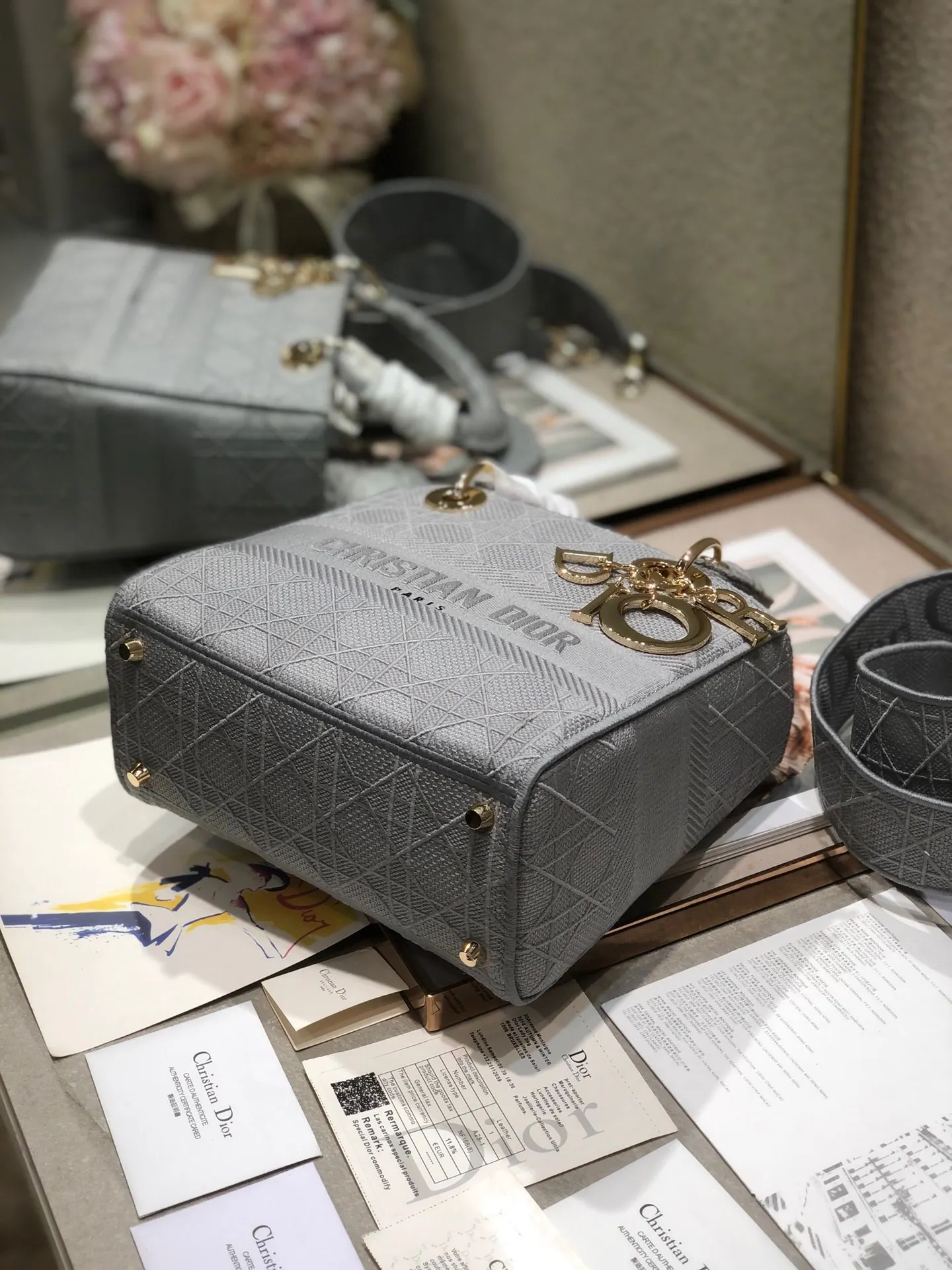 Dior 9027 Five-Grid Embroidered Gray Lady Dior Bag Women s Crossbody Bag - Detail view 6