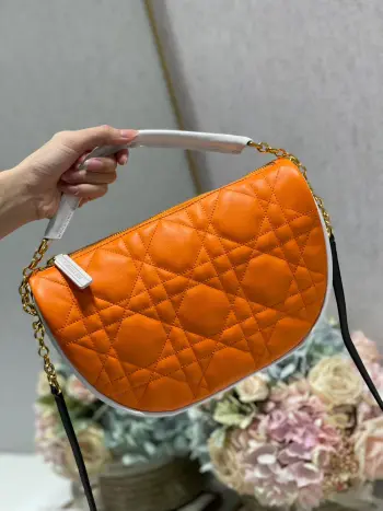 本季全新推出的 Dior Vibe 单肩包 时尚的廓形彰显单肩包的摩登魅力 采用橙色牛皮革精心制作 饰以藤格纹缉面线 绒面牛皮革里料更添柔软质感 底部饰以黑色 CHRISTIAN DIOR PARIS 标志 小号款式 搭配手柄以及可拆卸 可调节的肩带和军装风格搭扣 可手提 肩背或斜挎 点缀日常或运动风格造型 底部饰以 CHRISTIAN DIOR PARIS 标志内部平盖口袋皮革手柄可拆卸 可调节的皮革肩带 CD 军装风格搭扣内含防尘袋 p640型号 7201尺寸 29×20×9cm