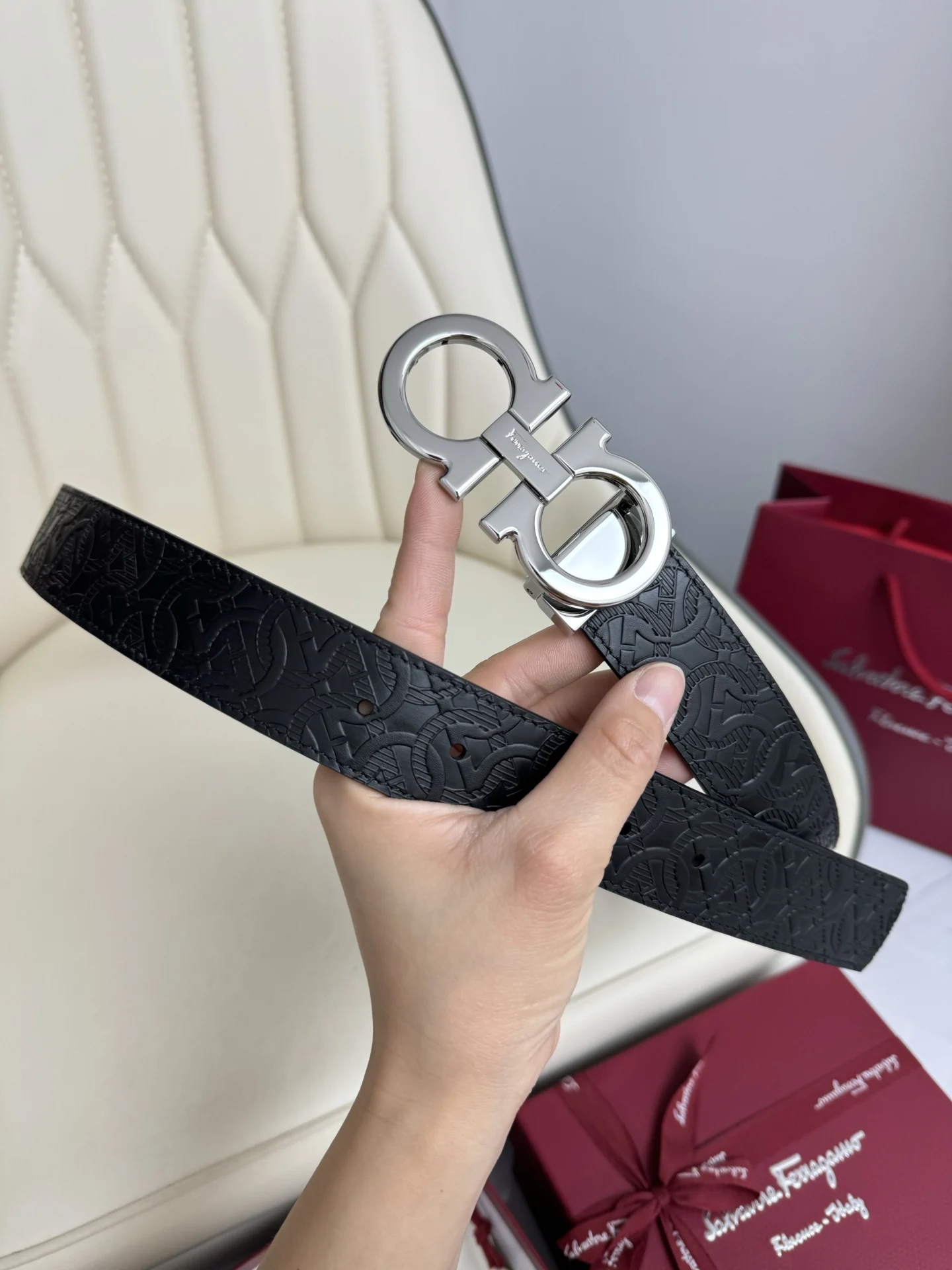 Ferragamo Men s Reversible Hardware Steel Buckle Belt - Detail view 3