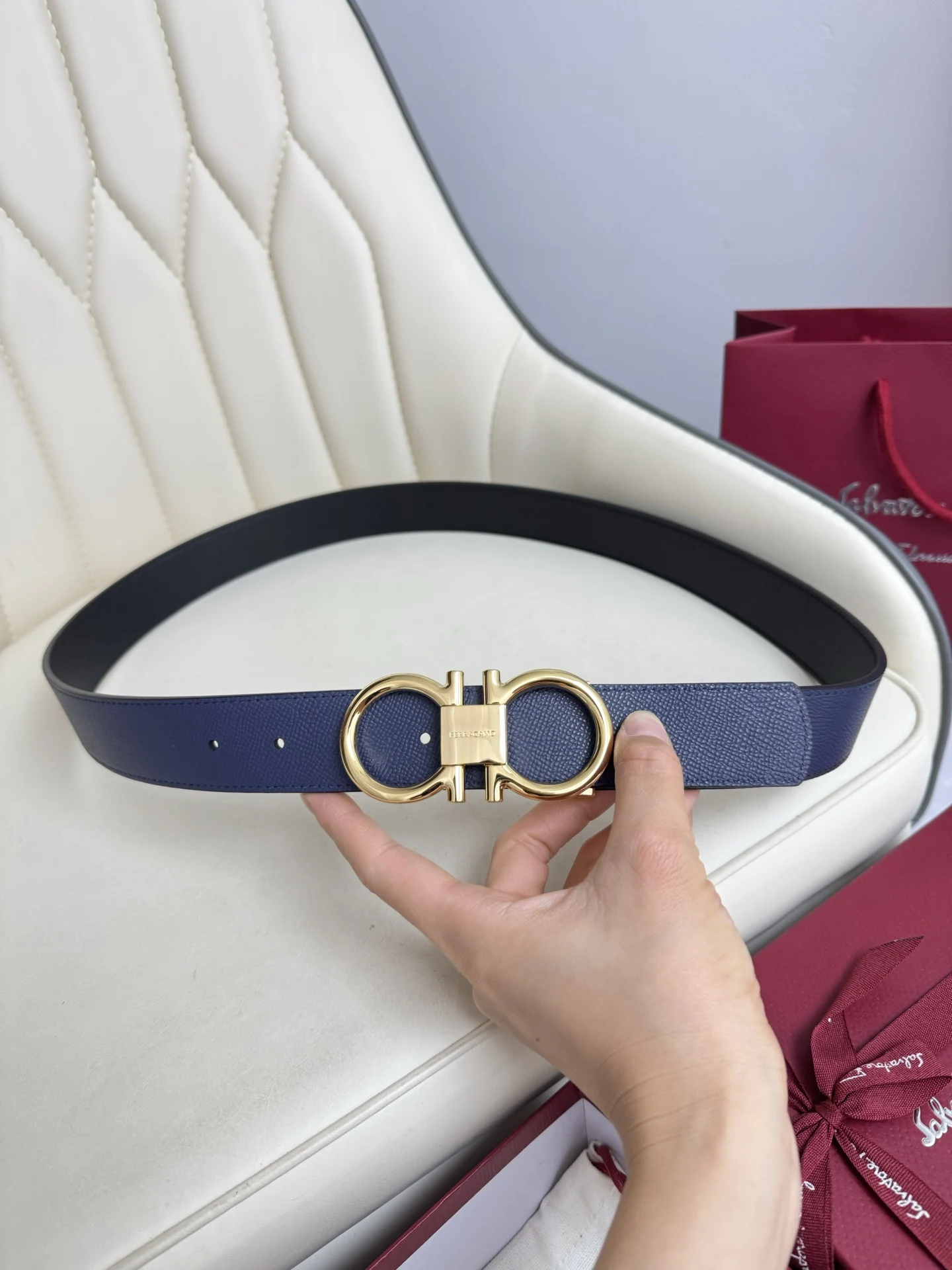 Ferragamo Men s Reversible Hardware Steel Buckle Belt - Detail view 6