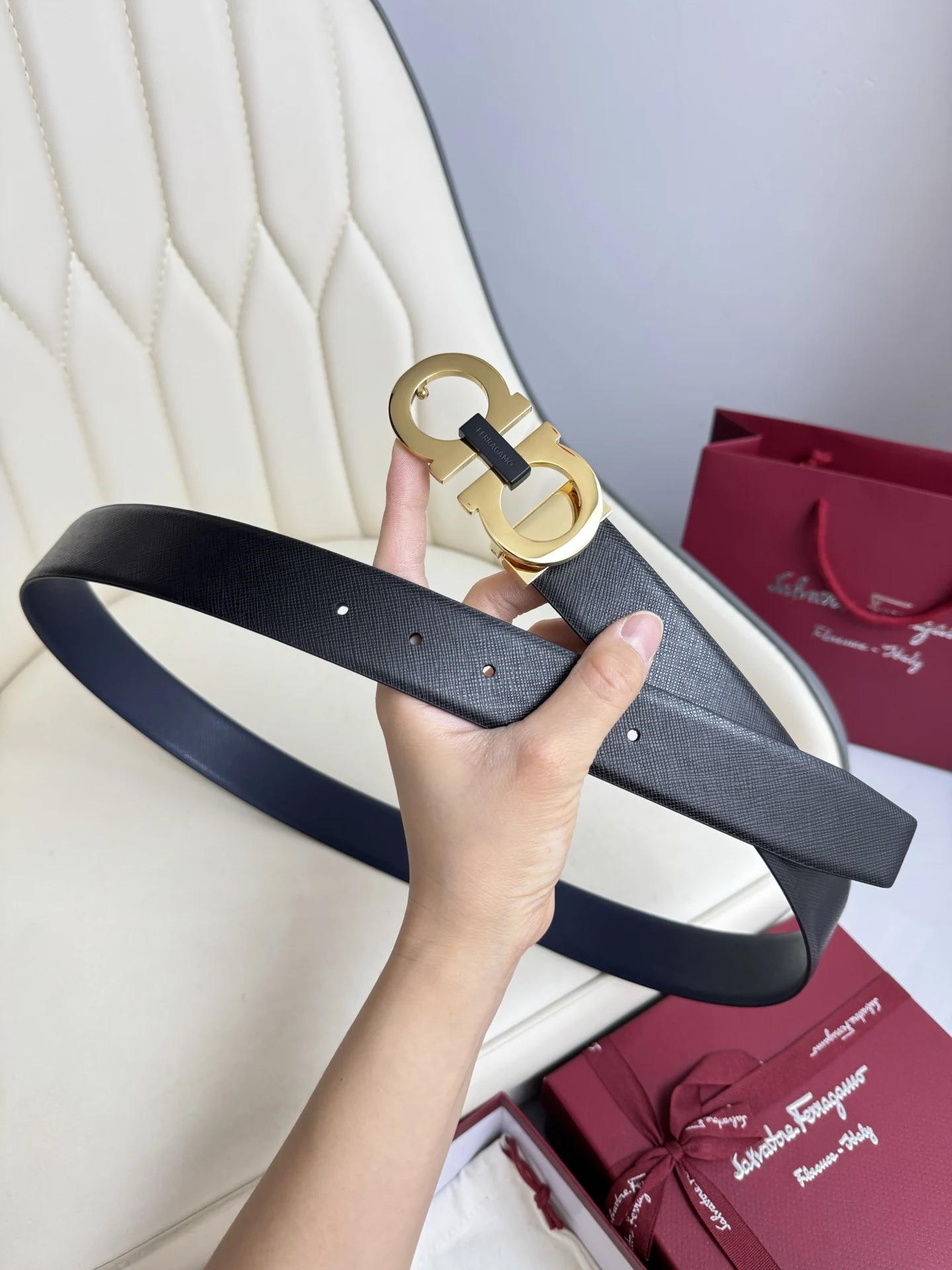 Ferragamo Men s Reversible Hardware Steel Buckle Belt - Detail view 3