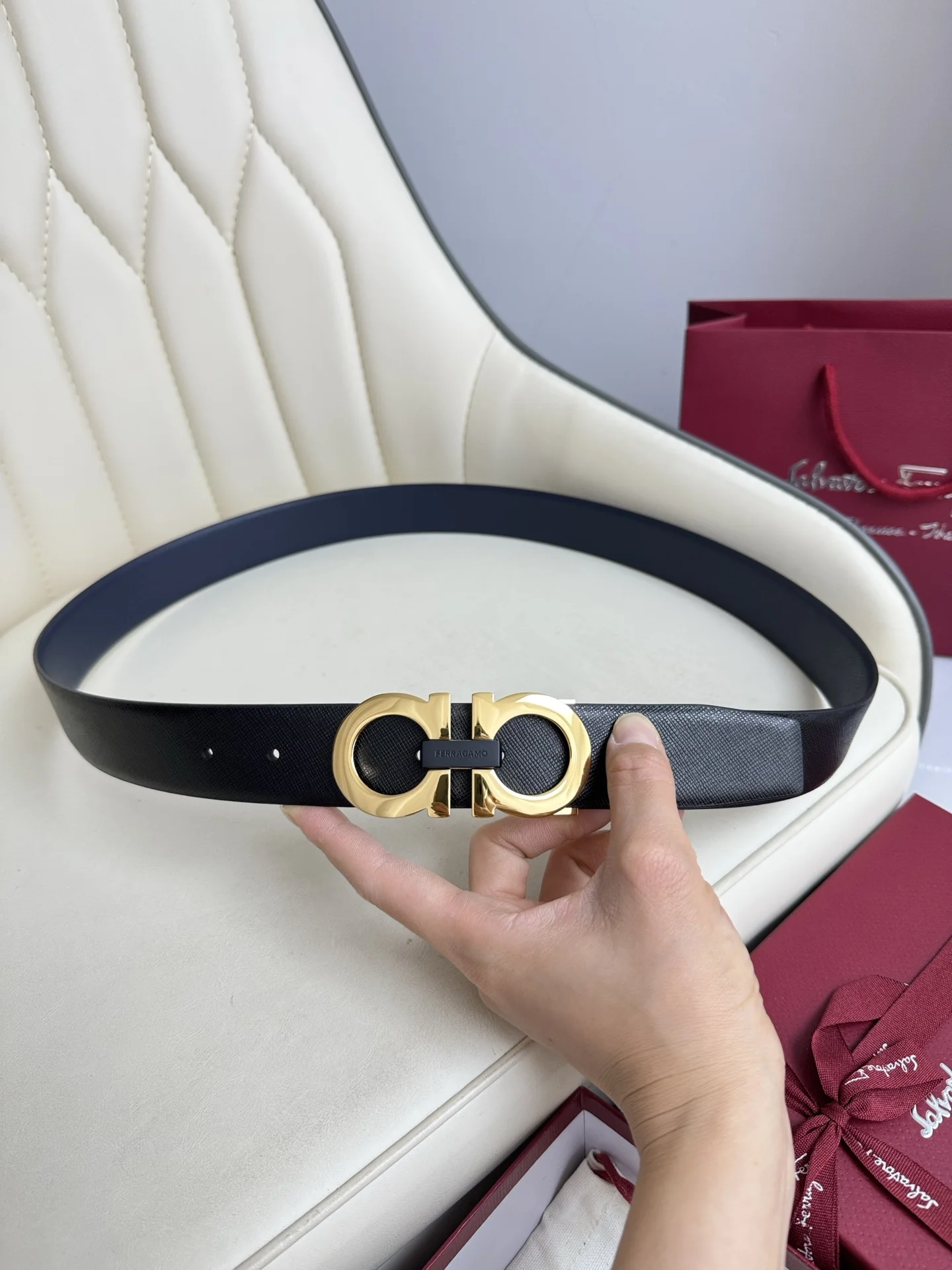 Ferragamo Men s Reversible Hardware Steel Buckle Belt - Detail view 5