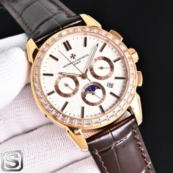 太阳出品出品 白壳 VC 江诗丹顿 R75 -Vacheron Constantin 升级版传袭系列 多功能设计顶级品质 重要提示  升级版改进 壳身比旧版本更薄 玻璃升级耐磨抗摔 比旧版本更平整美观 内罩更新成钢鑫制内罩 手表质感 手感 显得更完美 18k品质炉内真空电镀  太阳出品精致推荐男士多功能机械腕表