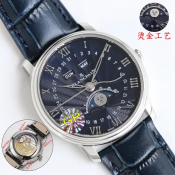太阳出品出品 GR Factory 新品 宝珀 JB XB1 经典V系列6654全历月相腕表1  阶梯式表壳 简约中有立体感 表径40mm2  素雅表盘 同心圆布局清晰易读 外围罗马字立体时标 内圆日历指示 3  镂空柳叶针 logo大秒针 蓝钢日历针 三者各司其职 11点位与1点位窗口 显示星期与月份  搭载6654.5自动上链机芯 动力储存长达72小时  太阳出品精致推荐男士多功能机械腕表