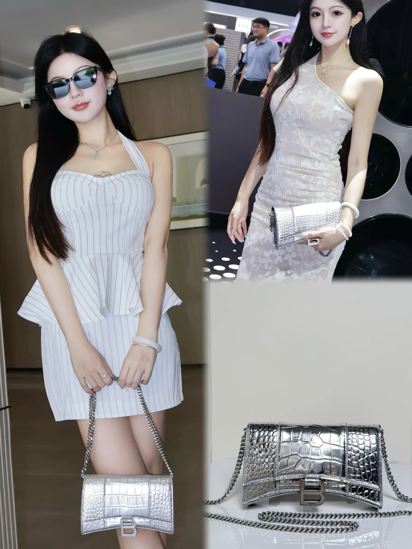 Balenciaga巴黎世家 Hourglass这款沙漏链条小包 鳄鱼纹压花+做旧五金扣B徽标金属配件 搭配可拆卸链带 可单肩/斜挎/包 精致小巧颜值高小号尺寸 204.85cm货号188115