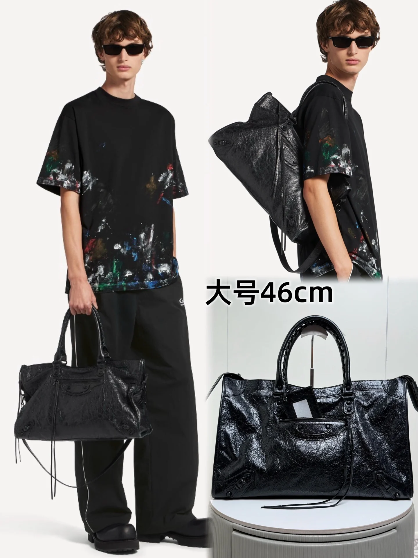 原单巴黎世家男包|高仿巴黎世家男包|精仿巴黎世家男包|一比一巴黎世家男包新版.大号46cm.𝐁𝐚𝐥𝐞𝐧𝐜𝐢𝐚𝐠 Le City 26新机车包再次亮相 原厂褶皱纹皮全钢内唛Logo.配化妆镜.复古双向拉链机车包 做旧铜扣+标志性流苏拉链设计 颜值容量并存 拥有它出街又酷又吸睛大号尺寸size 底长46x高29x宽17cm货号188111