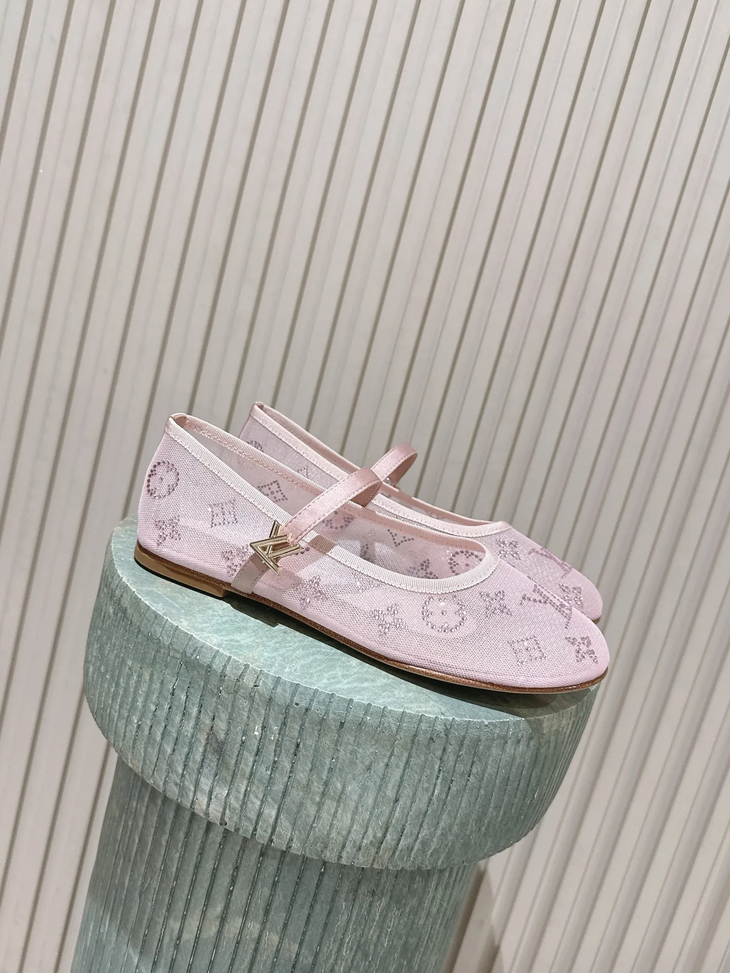 Louis Vuitton New Cross-Strap Mary Jane Mesh Rhinestone Round-Toe Flats for Women