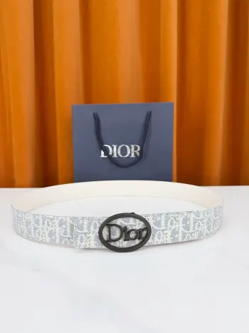 Dior 宽度3.5cm双面腰带 蓝灰老花帆布满印品牌暗纹 一面织物一面黑荔枝纹皮革 椭圆镂空Dior字母扣 藏蓝礼盒精装 一腰双面百变随心 