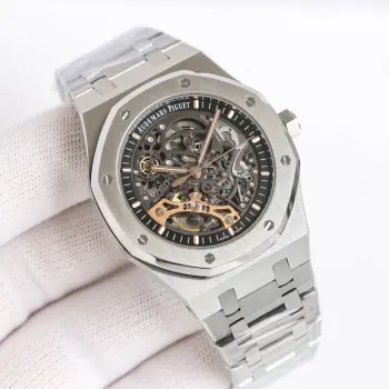  太阳出品出品 GR 爱彼 AP 皇家橡树离岸型 AP12 钢壳15407ST.OO.1220ST.01男士机械腕表 Calibre 3132一体机芯 41mm直径 厚度9.9mm深灰色表盘形状 圆形表盘 材质 镂空表盘 搭配玫瑰金荧光立体时标和皇家橡树指针表镜  材质 防眩光处理蓝宝石水晶玻璃表镜表冠材质 精钢 旋入式表冠背透 背透 防眩蓝宝石玻璃镜面   太阳出品精致推荐男士机械腕表 