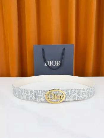 Dior 宽度3.5cm双面腰带 蓝灰老花帆布满印品牌暗纹 一面织物一面黑荔枝纹皮革 椭圆镂空Dior字母扣 藏蓝礼盒精装 一腰双面百变随心 