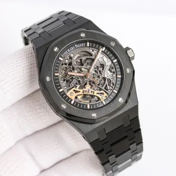  太阳出品出品 GR 爱彼 AP 皇家橡树离岸型 AP12 钢壳15407ST.OO.1220ST.01男士机械腕表 Calibre 3132一体机芯 41mm直径 厚度9.9mm深灰色表盘形状 圆形表盘 材质 镂空表盘 搭配玫瑰金荧光立体时标和皇家橡树指针表镜  材质 防眩光处理蓝宝石水晶玻璃表镜表冠材质 精钢 旋入式表冠背透 背透 防眩蓝宝石玻璃镜面   太阳出品精致推荐男士机械腕表 