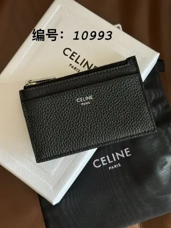 荔纹拉链卡包编号:1010993牛皮革拉链开合银色饰面1个角撑隔层1个扁平口袋3个卡糟男女通用黑色全皮尺寸:w11.5×h7.5cm