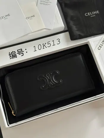 TRIOMPHE光滑牛皮長款拉鏈包拉鏈開合2個角撐隔層12個信用卡糟2個扁平口袋编号:10K513黑色全皮尺寸:w19×h10×d2cm