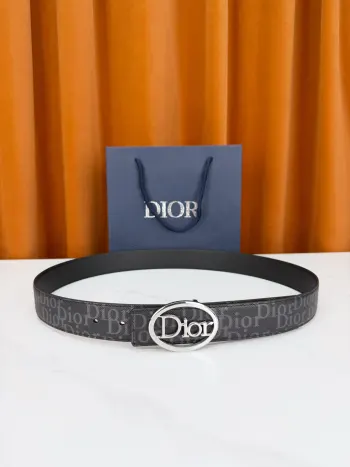 Dior迪奥3.5cm双面腰带 蓝灰老花帆布满印品牌暗纹 一面织物一面黑荔枝纹皮革 椭圆镂空Dior字母扣 藏蓝礼盒精装 一腰双面百变随心 