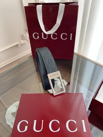 Gucci.古驰全套包装 绝美gucci 方扣男士新款腰帶 專櫃同步 寬3.5厘米 原版带身 精緻真空電鍍雙G鋼扣 雙面可用