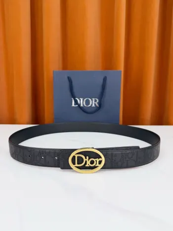 Dior迪奥3.5cm双面腰带 蓝灰老花帆布满印品牌暗纹 一面织物一面黑荔枝纹皮革 椭圆镂空Dior字母扣 藏蓝礼盒精装 一腰双面百变随心 