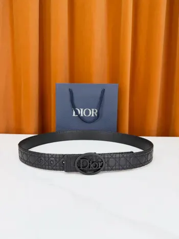 Dior迪奥3.5cm双面腰带 蓝灰老花帆布满印品牌暗纹 一面织物一面黑荔枝纹皮革 椭圆镂空Dior字母扣 藏蓝礼盒精装 一腰双面百变随心 