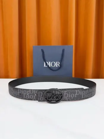 Dior迪奥3.5cm双面腰带 蓝灰老花帆布满印品牌暗纹 一面织物一面黑荔枝纹皮革 椭圆镂空Dior字母扣 藏蓝礼盒精装 一腰双面百变随心 