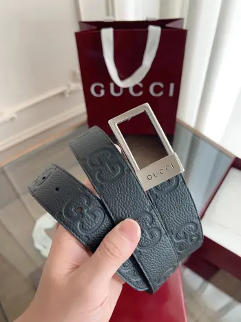 Gucci.古驰全套包装 绝美gucci 方扣男士新款腰帶 專櫃同步 寬3.5厘米 原版带身 精緻真空電鍍雙G鋼扣 雙面可用
