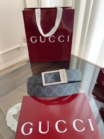 Gucci.古驰全套包装 绝美gucci 方扣男士新款腰帶 專櫃同步 寬3.5厘米 原版带身 精緻真空電鍍雙G鋼扣 雙面可用