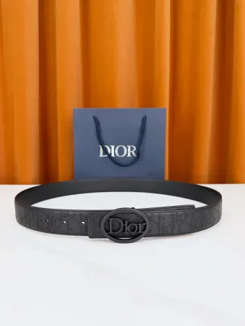 Dior迪奥3.5cm双面腰带 蓝灰老花帆布满印品牌暗纹 一面织物一面黑荔枝纹皮革 椭圆镂空Dior字母扣 藏蓝礼盒精装 一腰双面百变随心 