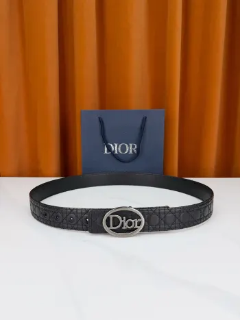 Dior迪奥3.5cm双面腰带 蓝灰老花帆布满印品牌暗纹 一面织物一面黑荔枝纹皮革 椭圆镂空Dior字母扣 藏蓝礼盒精装 一腰双面百变随心 
